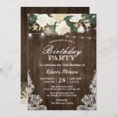 Rustic White Floral String Lights Birthday Party Kaart (Voorkant / Achterkant)