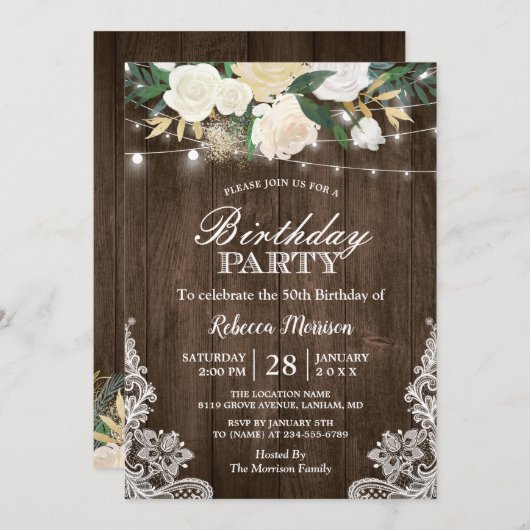 Rustic White Floral String Lights Birthday Party Kaart (Voorkant / Achterkant)