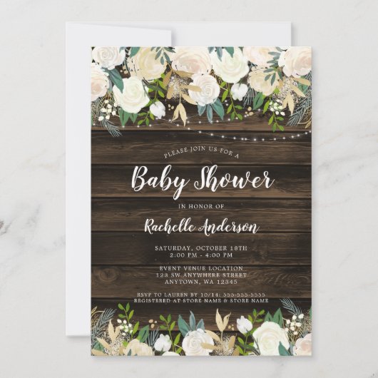 Rustic White Floral String Lights Girl Baby shower Kaart (Voorkant)