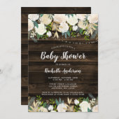 Rustic White Floral String Lights Girl Baby shower Kaart (Voorkant / Achterkant)