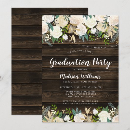 Rustic White Floral String Lights Graduation Party Kaart (Voorkant / Achterkant)