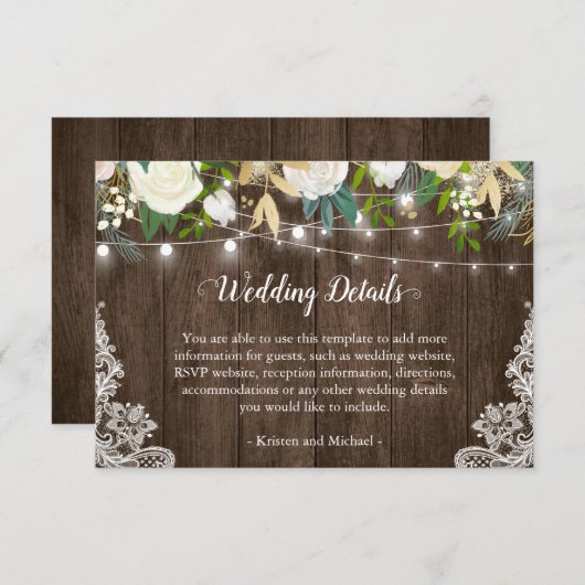 Rustic White Floral String Lights Wedding Details Informatiekaartje (Voorkant / Achterkant)