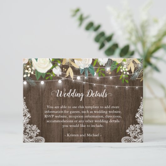 Rustic White Floral String Lights Wedding Details Informatiekaartje (Staand voorkant)