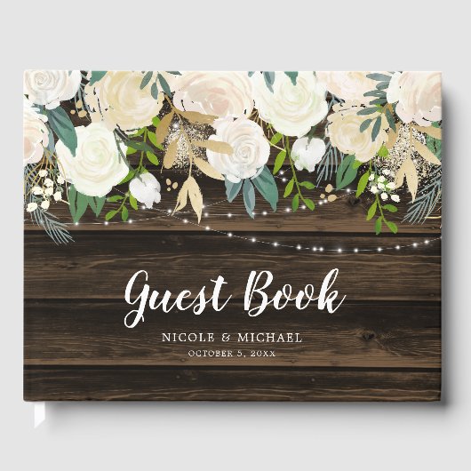 Rustic White Floral String Lights Wedding Gastenboek (Voorkant)