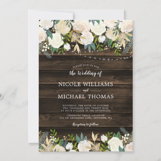 Rustic White Floral String Lights Wedding Kaart (Voorkant)