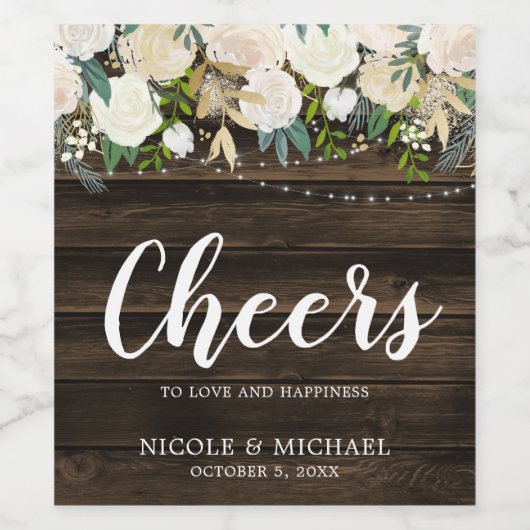 Rustic White Floral String Lights Wedding Wijn Etiket (Enkel label)