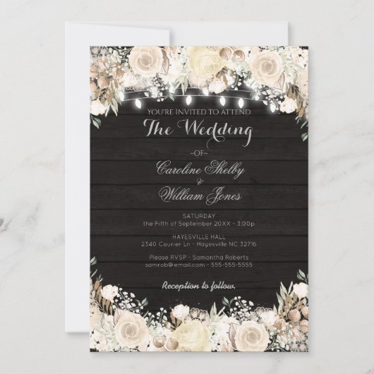 Rustic White Flowers and Wood Wedding Invitation Kaart (Voorkant)