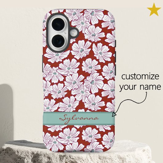 Rustic White Flowers Sketch Red Teal Custom Name Case-Mate iPhone Case