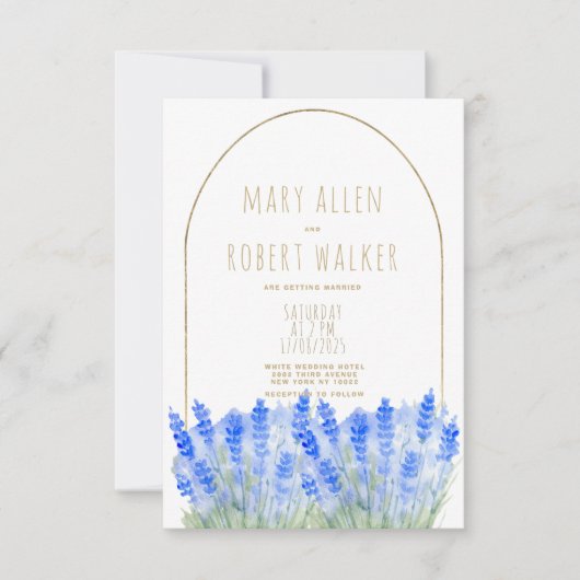 Rustic white gold lavender blue floral wedding kaart (Voorkant)