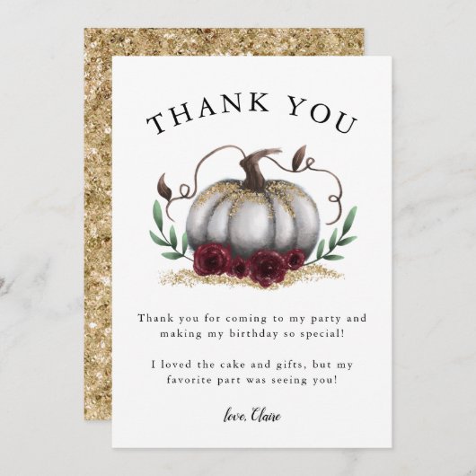 Rustic White Gold Pumpkin Birthday Party Bedankkaart (Voorkant / Achterkant)