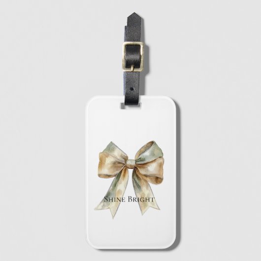 Rustic White Green Gold Bow Personalized Bagagelabel (Voorkant (verticaal))
