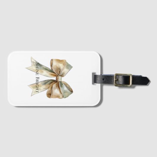 Rustic White Green Gold Bow Personalized Bagagelabel (Voorkant (horizontaal))