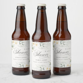 Rustic White Greenery Floral Bunch Baby shower Bier Etiket