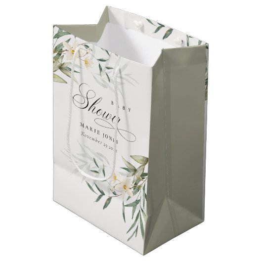 Rustic White Greenery Floral Bunch Baby shower Medium Cadeauzakje (Voorkant Gekanteld)