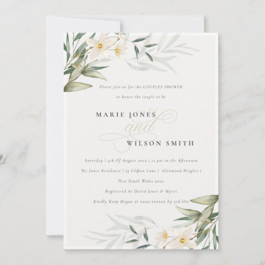 Rustic White Greenery Floral Couples Shower Invite Bedankkaart (Voorkant)
