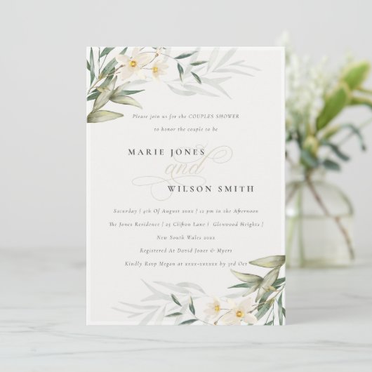 Rustic White Greenery Floral Couples Shower Invite Bedankkaart (Staand voorkant)