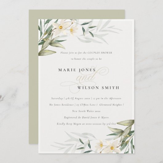 Rustic White Greenery Floral Couples Shower Invite Bedankkaart (Voorkant / Achterkant)