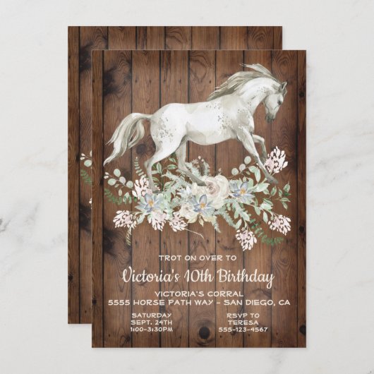 Rustic White Horse Birthday Party Invitation Kaart (Voorkant / Achterkant)