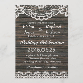 Rustic White Lace and Wood Wedding Invitation Kaart
