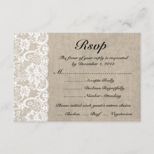 Rustic White Lace Burlap look RSVP-kaart met maalt RSVP Kaartje