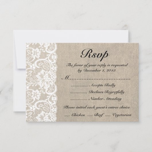 Rustic White Lace Burlap look RSVP-kaart met maalt RSVP Kaartje (Voorkant)