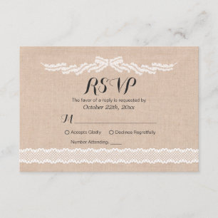 Rustic White Lace Linen Wedding RSVP Kaart