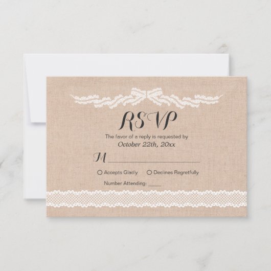 Rustic White Lace Linen Wedding RSVP Kaart (Voorkant)