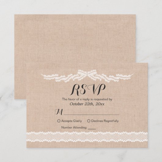 Rustic White Lace Linen Wedding RSVP Kaart (Voorkant / Achterkant)