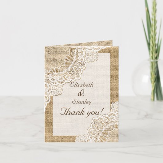 Rustic white lace on burlap wedding Thank You Bedankkaart (Voorkant)