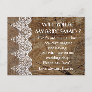 Rustic White Lace word m'n Bridesmaid Post Uitnodiging Briefkaart