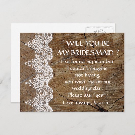 Rustic White Lace word m'n Bridesmaid Post Uitnodiging Briefkaart (Voorkant / Achterkant)