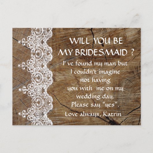 Rustic White Lace word m'n Bridesmaid Post Uitnodiging Briefkaart (Voorkant)