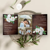Rustic White Magnolia Floral Barn Wood Wedding Drieluik Uitnodiging