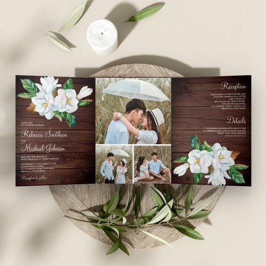 Rustic White Magnolia Floral Barn Wood Wedding Drieluik Uitnodiging