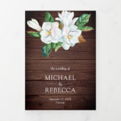 Rustic White Magnolia Floral Barn Wood Wedding Drieluik Uitnodiging (Cover)