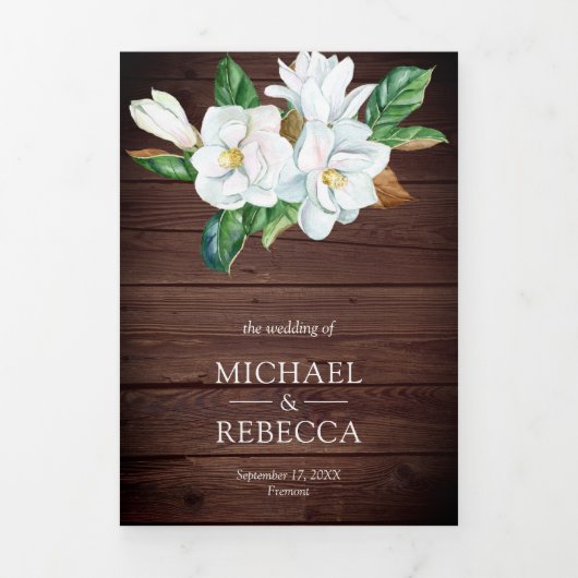 Rustic White Magnolia Floral Barn Wood Wedding Drieluik Uitnodiging (Cover)
