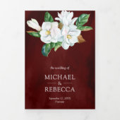 Rustic White Magnolia Floral Burgundy Wedding Drieluik Uitnodiging (Cover)