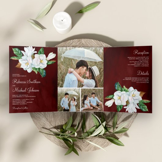 Rustic White Magnolia Floral Burgundy Wedding Drieluik Uitnodiging