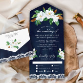 Rustic White Magnolia Floral Navy Blue Wedding All In One Uitnodiging