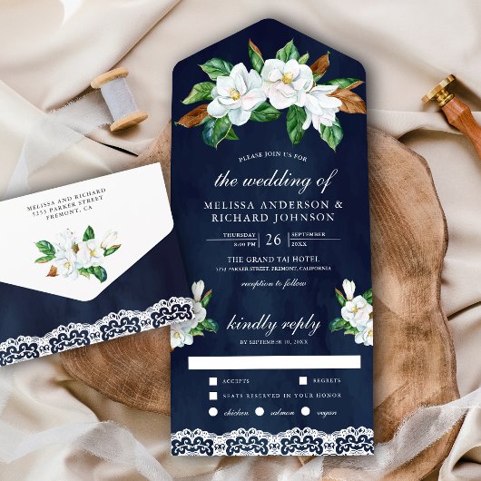Rustic White Magnolia Floral Navy Blue Wedding All In One Uitnodiging