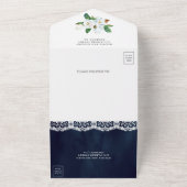 Rustic White Magnolia Floral Navy Blue Wedding All In One Uitnodiging (Buitenkant)