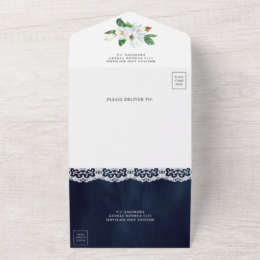 Rustic White Magnolia Floral Navy Blue Wedding All In One Uitnodiging (Buitenkant)
