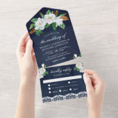 Rustic White Magnolia Floral Navy Blue Wedding All In One Uitnodiging (Afscheurbaar)