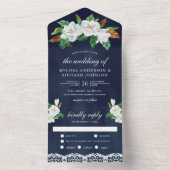 Rustic White Magnolia Floral Navy Blue Wedding All In One Uitnodiging (Binnen)