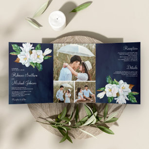 Rustic White Magnolia Floral Navy Blue Wedding Drieluik Uitnodiging