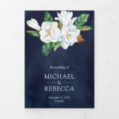 Rustic White Magnolia Floral Navy Blue Wedding Drieluik Uitnodiging (Cover)