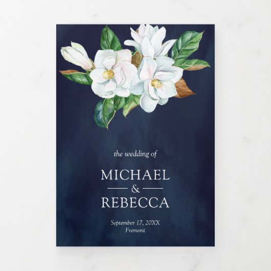 Rustic White Magnolia Floral Navy Blue Wedding Drieluik Uitnodiging (Cover)
