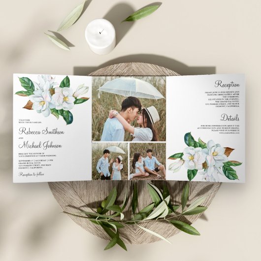 Rustic White Magnolia Floral Photo Collage Wedding Drieluik Uitnodiging