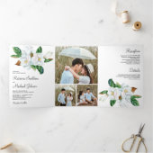 Rustic White Magnolia Floral Photo Collage Wedding Drieluik Uitnodiging (Binnen)