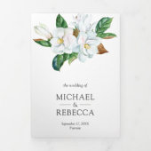 Rustic White Magnolia Floral Photo Collage Wedding Drieluik Uitnodiging (Cover)